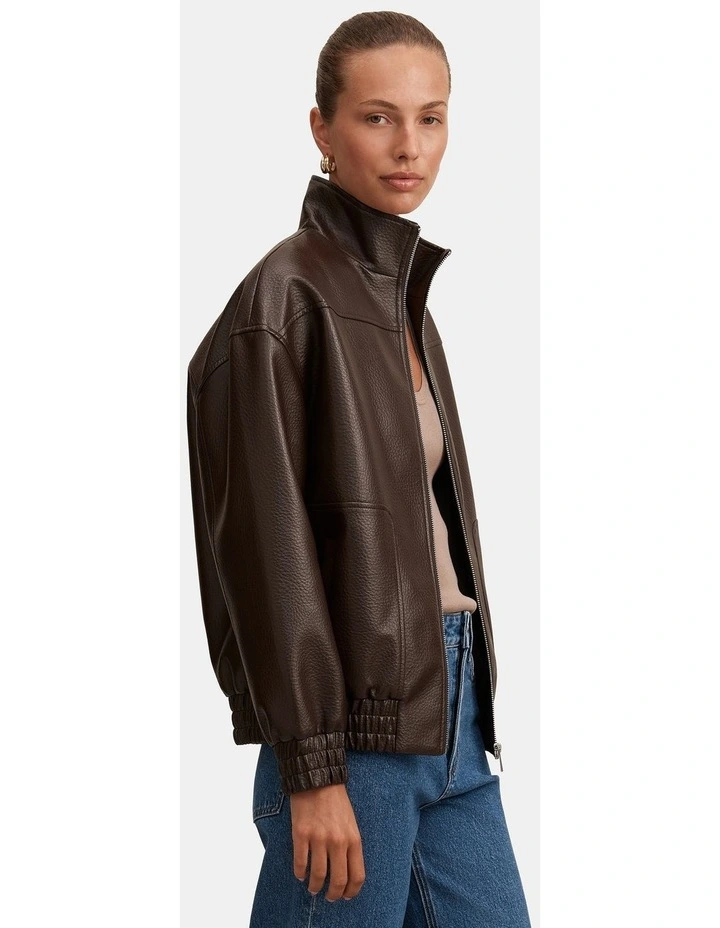 Marissa Funnel Neck Vegan Leather Bomber Jacket in Brown image 3