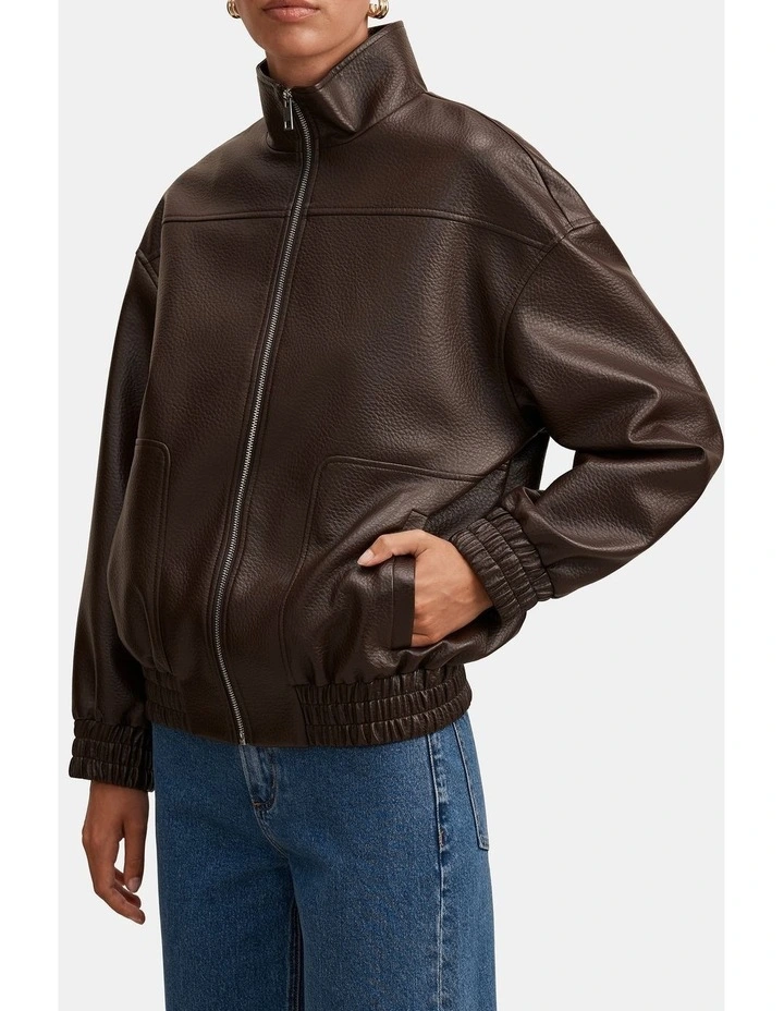 Marissa Funnel Neck Vegan Leather Bomber Jacket in Brown image 4