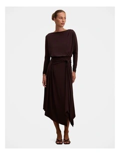 Ida Draped Jersey Midi Dress in Chocolate