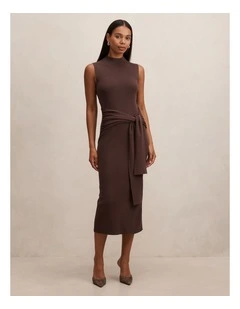 Margot Wrap Detail Knitted Midi Dress in Brown