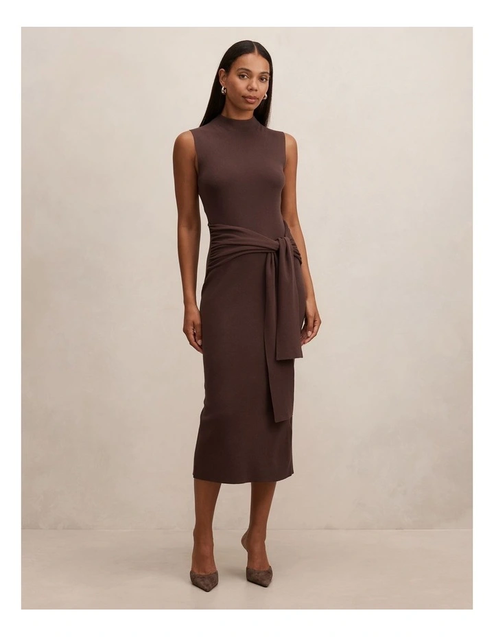 Margot Wrap Detail Knitted Midi Dress in Brown image 1