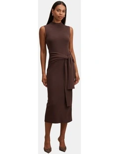 Margot Wrap Detail Knitted Midi Dress in Brown