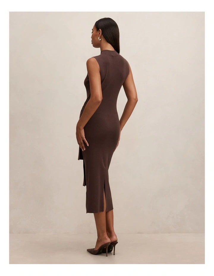 Margot Wrap Detail Knitted Midi Dress in Brown image 2