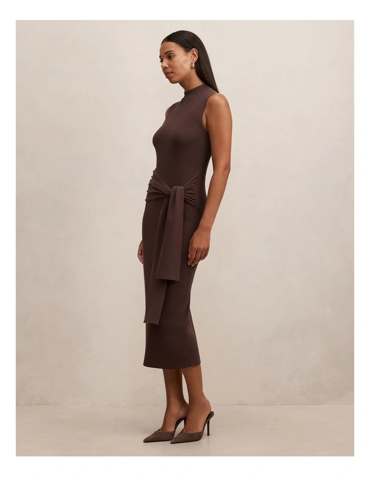 Margot Wrap Detail Knitted Midi Dress in Brown image 3