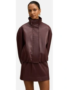 Jacquie Faux Leather Funnel Neck Jacket in Red