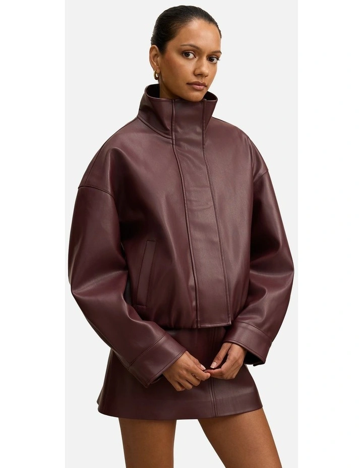 Jacquie Faux Leather Funnel Neck Jacket in Red image 3