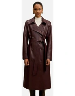 Sabina Faux Leather Trench Coat in Red