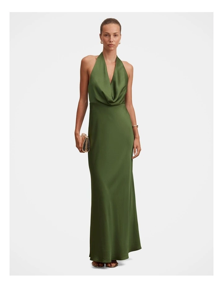 Becca Cowl Halter Neck Satin Gown in Green image 1