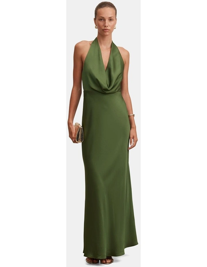 Becca Cowl Halter Neck Satin Gown in Green image 1