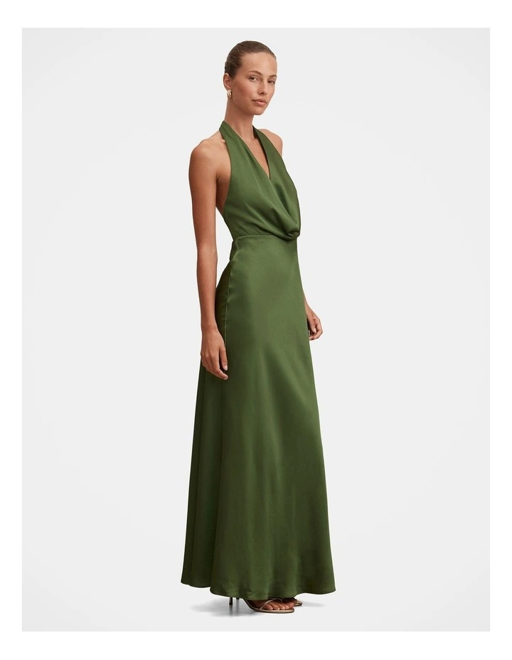 Becca Cowl Halter Neck Satin Gown in Green image 3