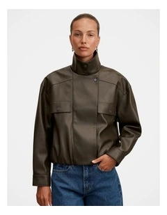 Angela Funnel Neck Vegan Leather Bomber Jacket in Green