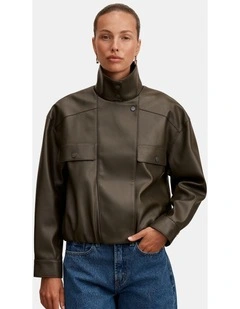 Angela Funnel Neck Vegan Leather Bomber Jacket in Green