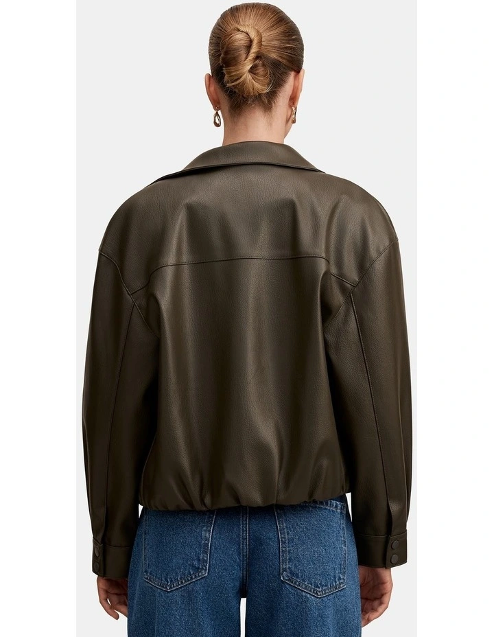 Angela Funnel Neck Vegan Leather Bomber Jacket in Green image 2