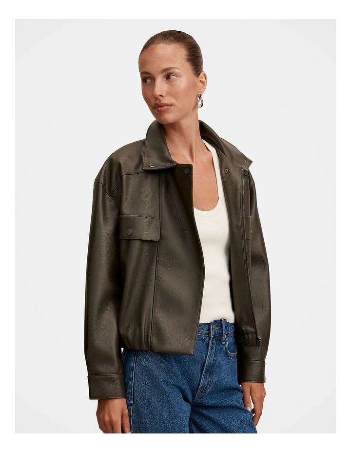 Angela Funnel Neck Vegan Leather Bomber Jacket in Green image 3