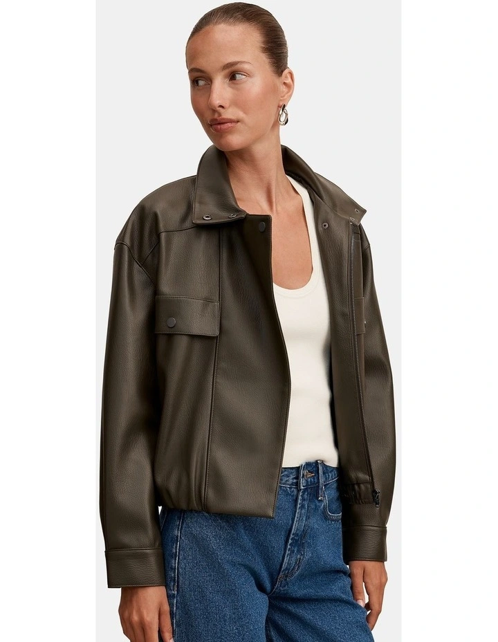 Angela Funnel Neck Vegan Leather Bomber Jacket in Green image 3