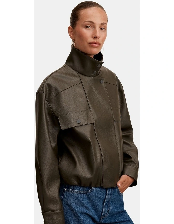 Angela Funnel Neck Vegan Leather Bomber Jacket in Green image 4