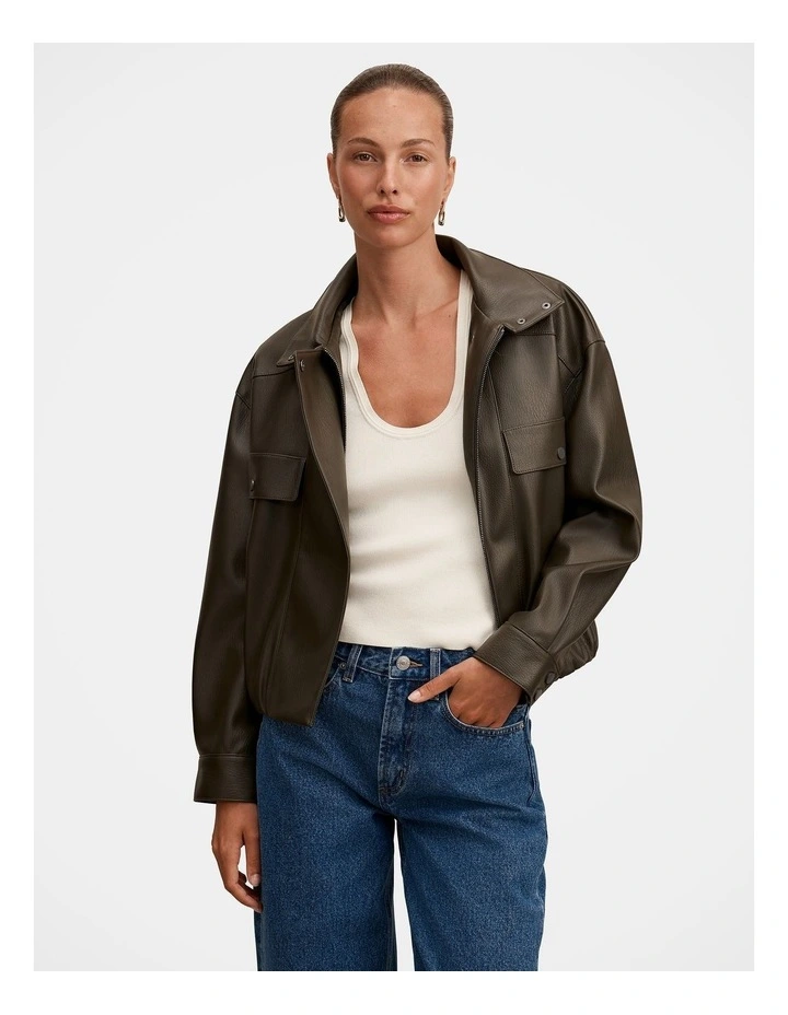 Angela Funnel Neck Vegan Leather Bomber Jacket in Green image 5