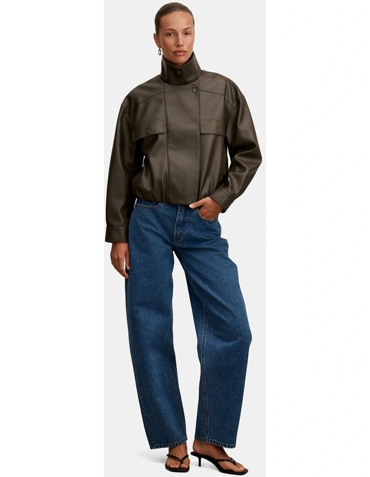 Angela Funnel Neck Vegan Leather Bomber Jacket in Green image 5