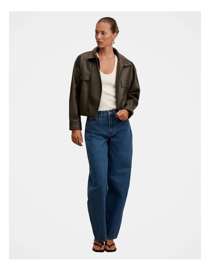 Angela Funnel Neck Vegan Leather Bomber Jacket in Green image 6