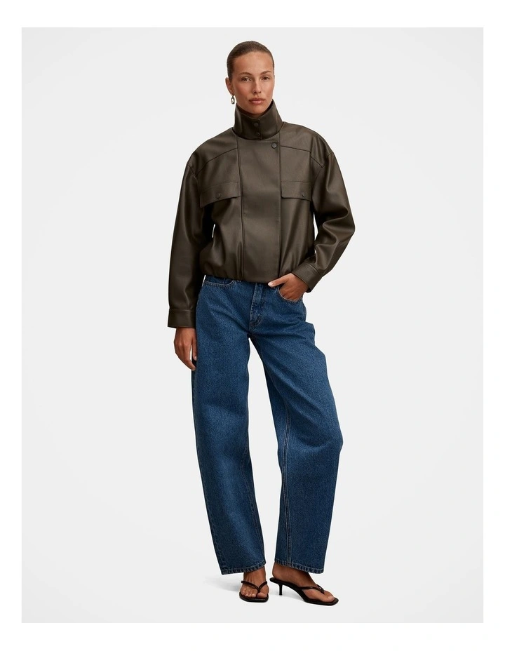 Angela Funnel Neck Vegan Leather Bomber Jacket in Green image 7