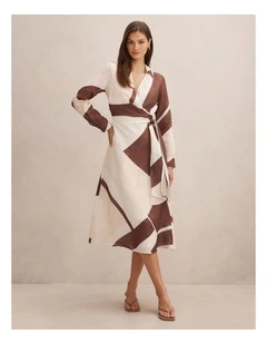 Angelina Long Sleeves Tie Midi Dress in Multi