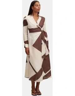 Angelina Long Sleeves Tie Midi Dress in Multi