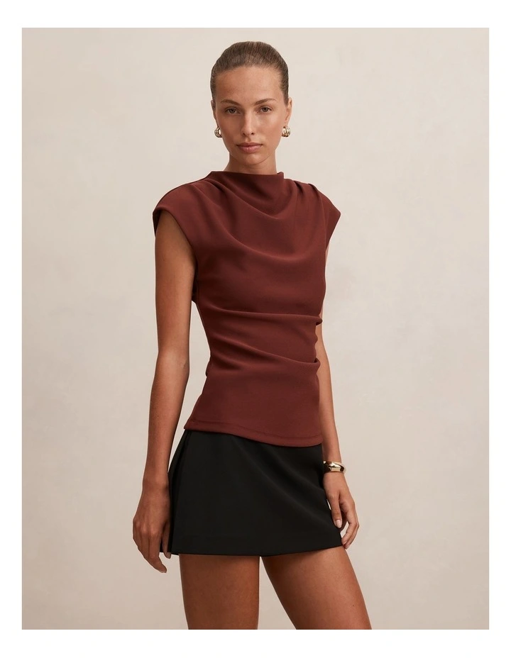 Leenah Grown On Neck Crepe Top in Brown image 3