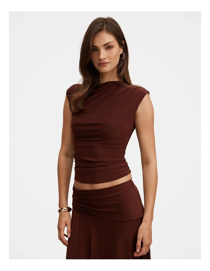 Logan Asymmetrical Neck Shoulder Top in Brown image 3