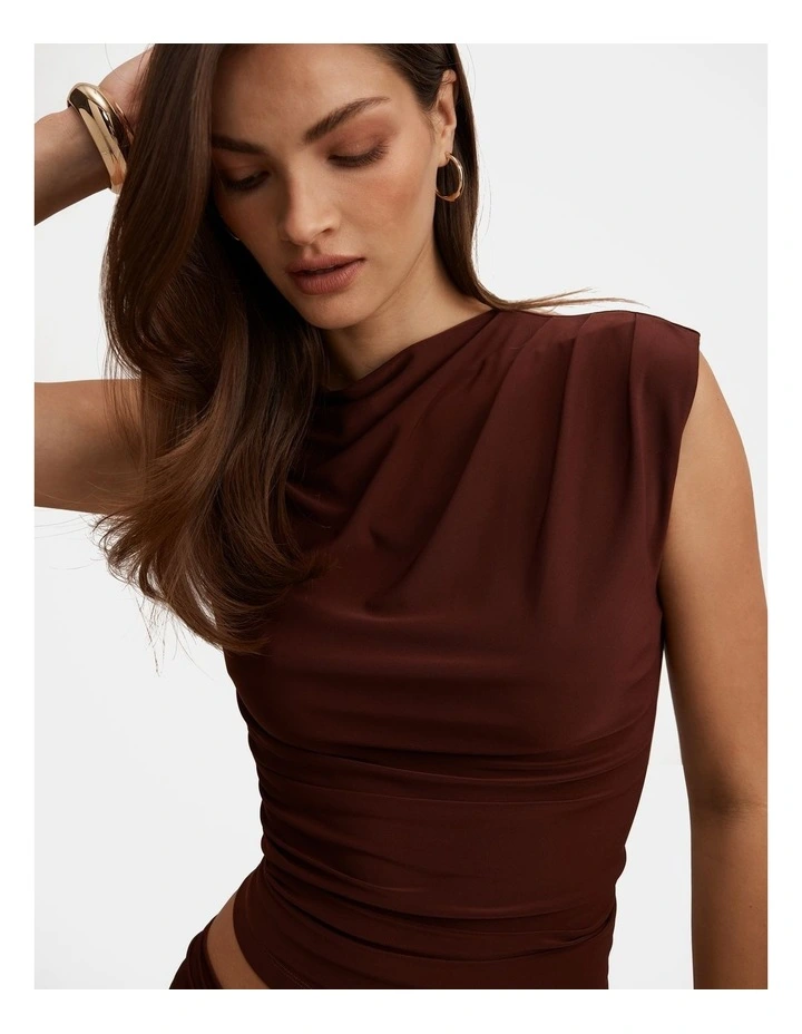 Logan Asymmetrical Neck Shoulder Top in Brown image 4
