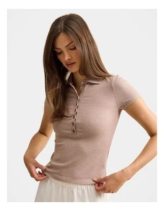 Aaliyah Ribbed Polo Top in Brown