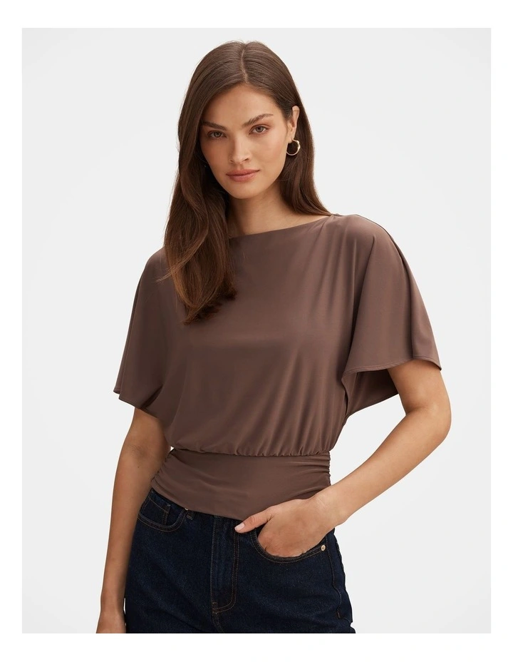 Piper Cinched Flutter Sleeves Top in Brown image 1