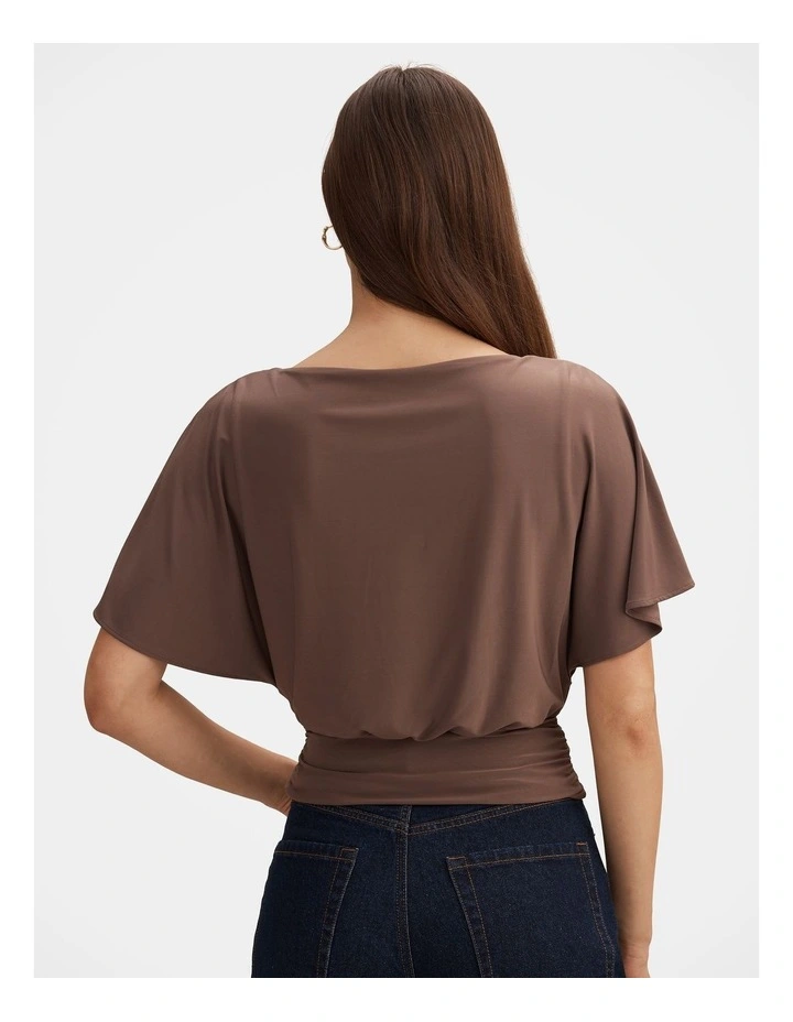 Piper Cinched Flutter Sleeves Top in Brown image 2