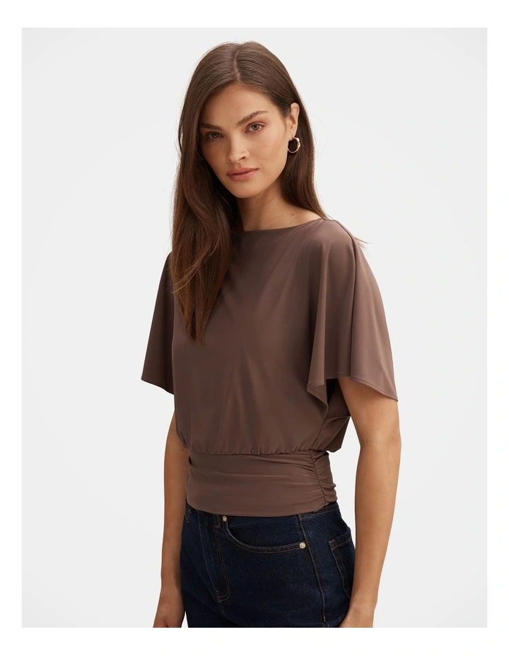 Piper Cinched Flutter Sleeves Top in Brown image 3