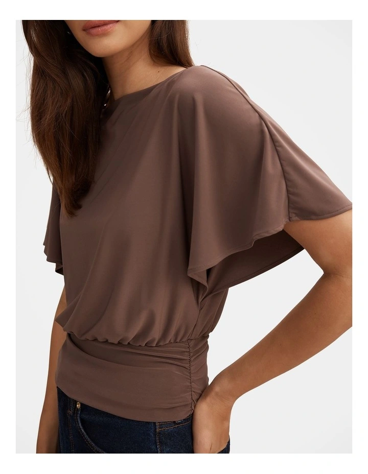Piper Cinched Flutter Sleeves Top in Brown image 4