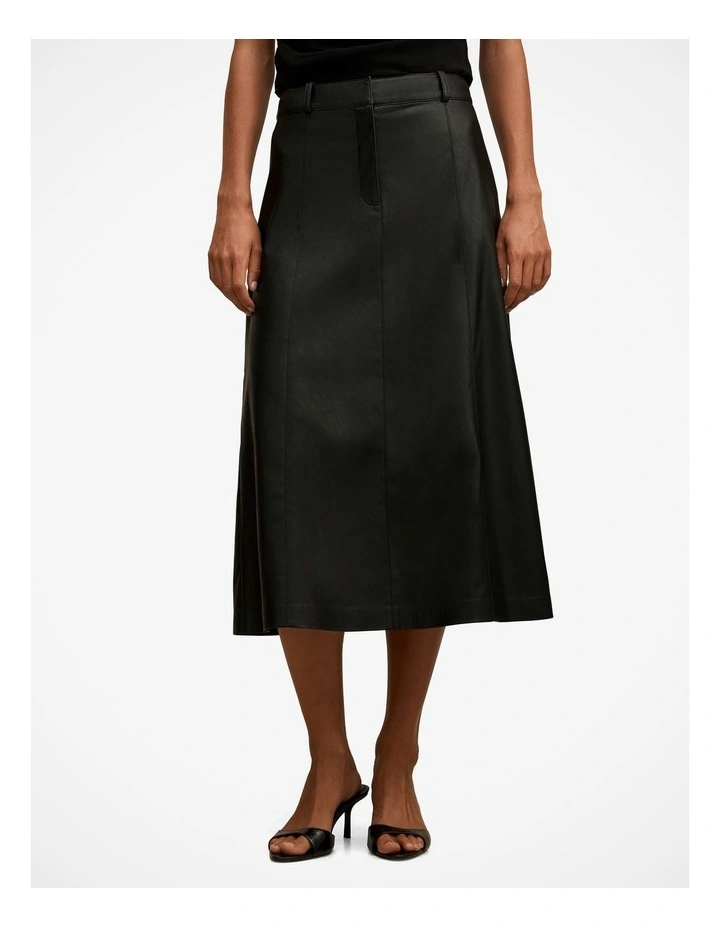 Isla Vegan Leather Midi Skirt in Black image 1