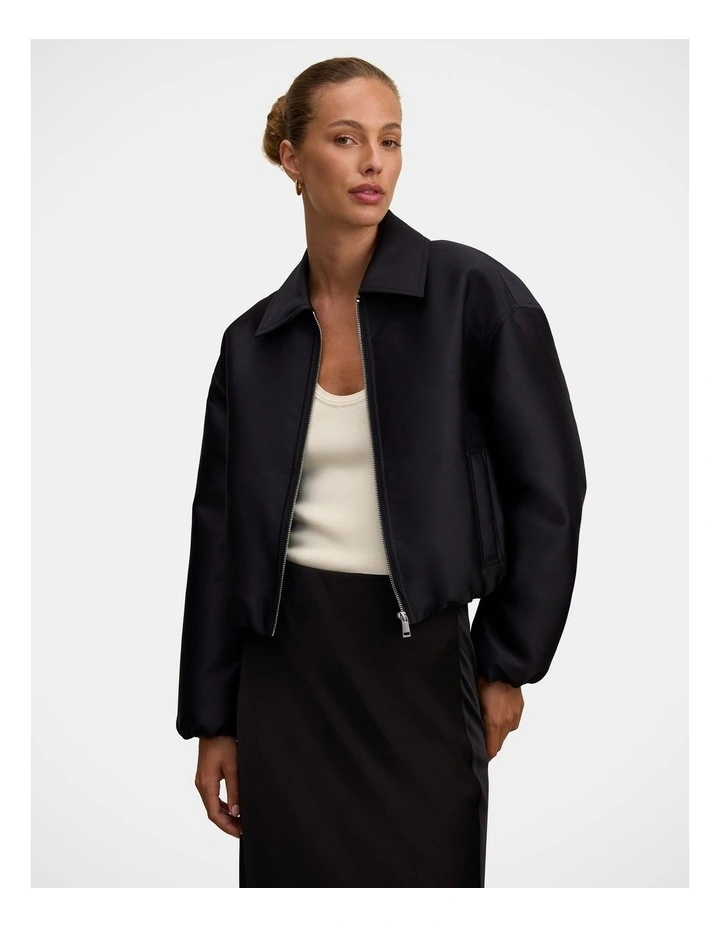 Everly Satin Bomber Jacket in Black image 1