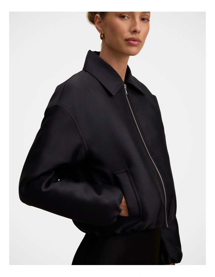 Everly Satin Bomber Jacket in Black image 4