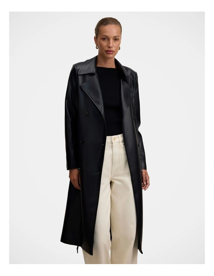 Sabina Vegan Leather Trench Coat in Black image 1