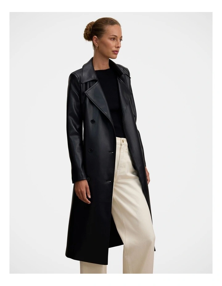 Sabina Vegan Leather Trench Coat in Black image 3