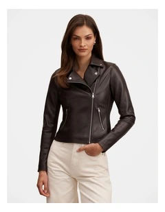 Betty Faux Leather Biker Jacket in Brown