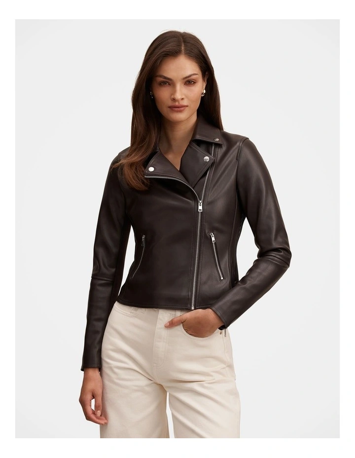 Betty Faux Leather Biker Jacket in Brown image 1