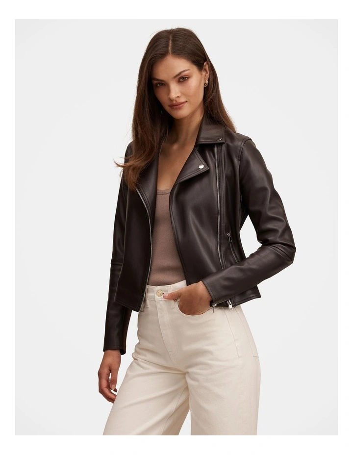 Betty Faux Leather Biker Jacket in Brown image 3