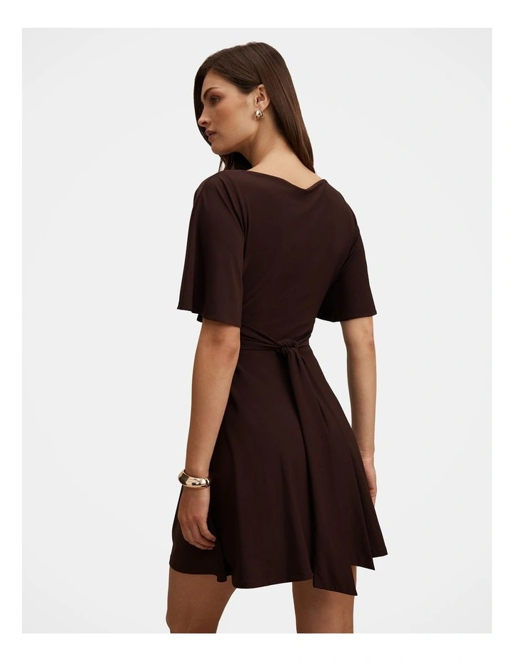 Cora Flutter Sleeves Tie Mini Dress in Chocolate image 2