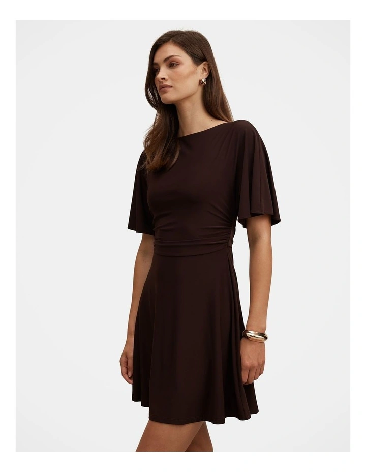 Cora Flutter Sleeves Tie Mini Dress in Chocolate image 4