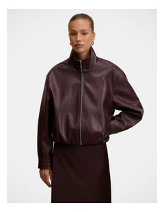 Julia Faux Leather Funnel Neck Jacket in Red