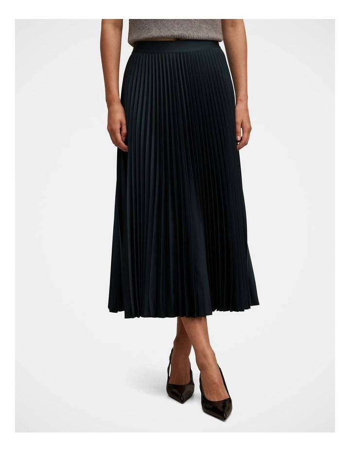 Estelle Satin Pleated Midi Skirt in Green image 1