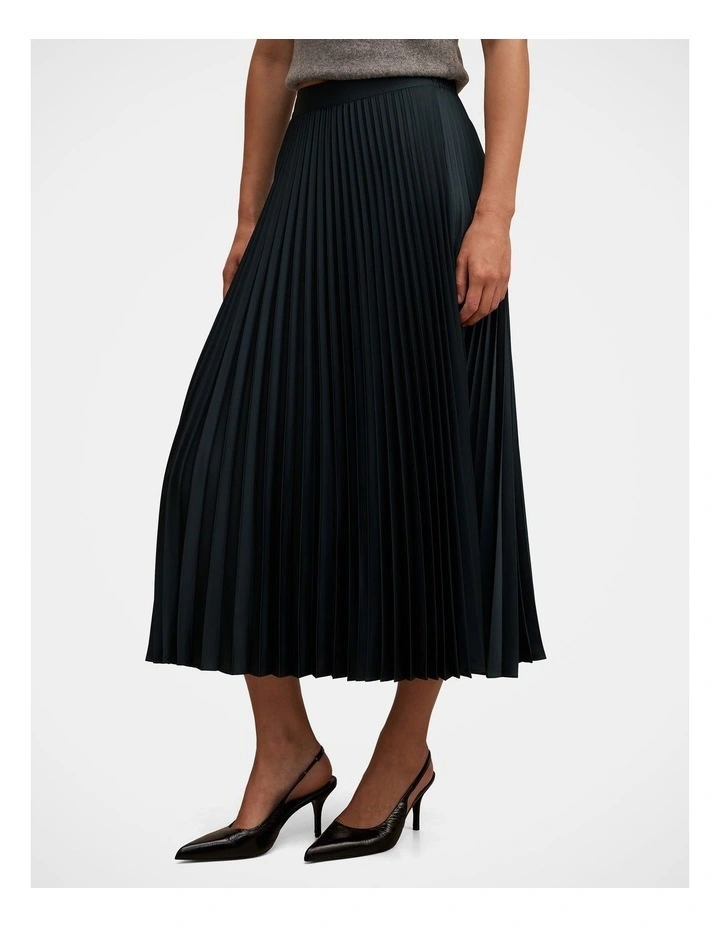 Estelle Satin Pleated Midi Skirt in Green image 3