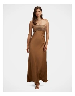 Amina Embellished Satin Maxi Dress in Brown