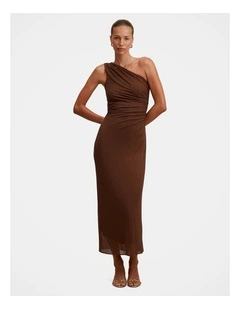 Audrina One Shoulder Heatseal Maxi Dress in Chocolate