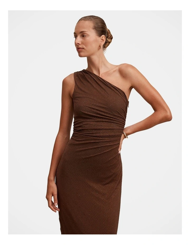 Audrina One Shoulder Heatseal Maxi Dress in Chocolate image 4
